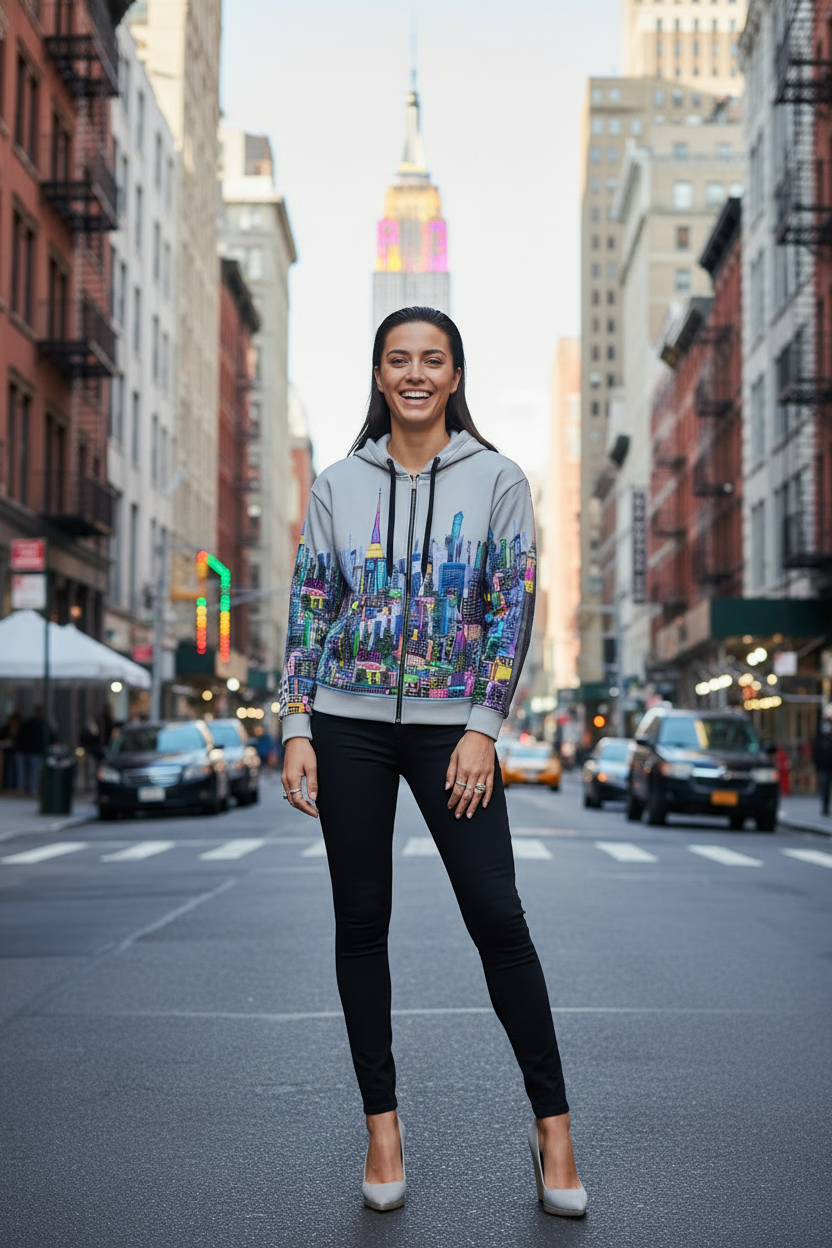 Woman wearing a colorful Loria Nyc Art hoodie on a city street with tall buildings in the background