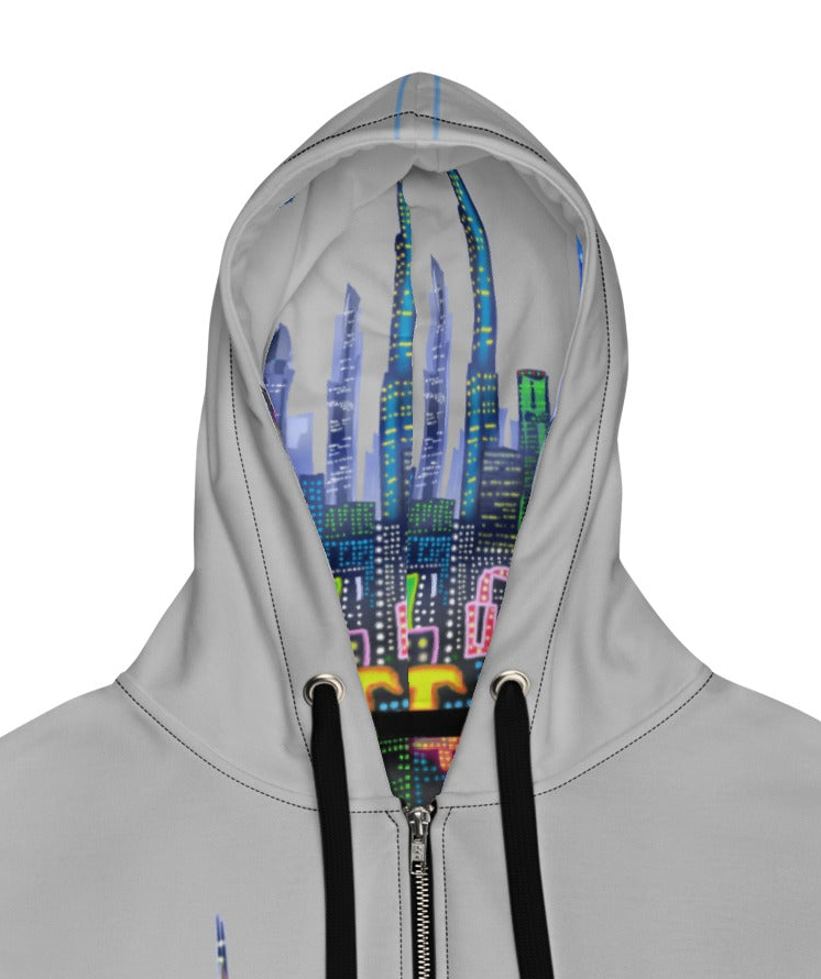 Gray hoodie with a colorful digital cityscape Loria NYC Art design on the hood