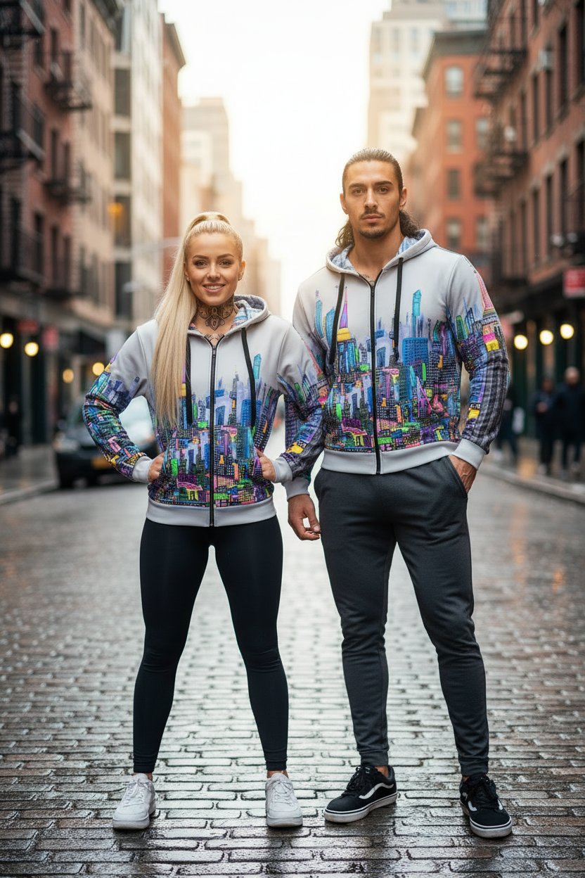 Two people wearing Loria NYC Art colorful cityscape hoodies on a city street.