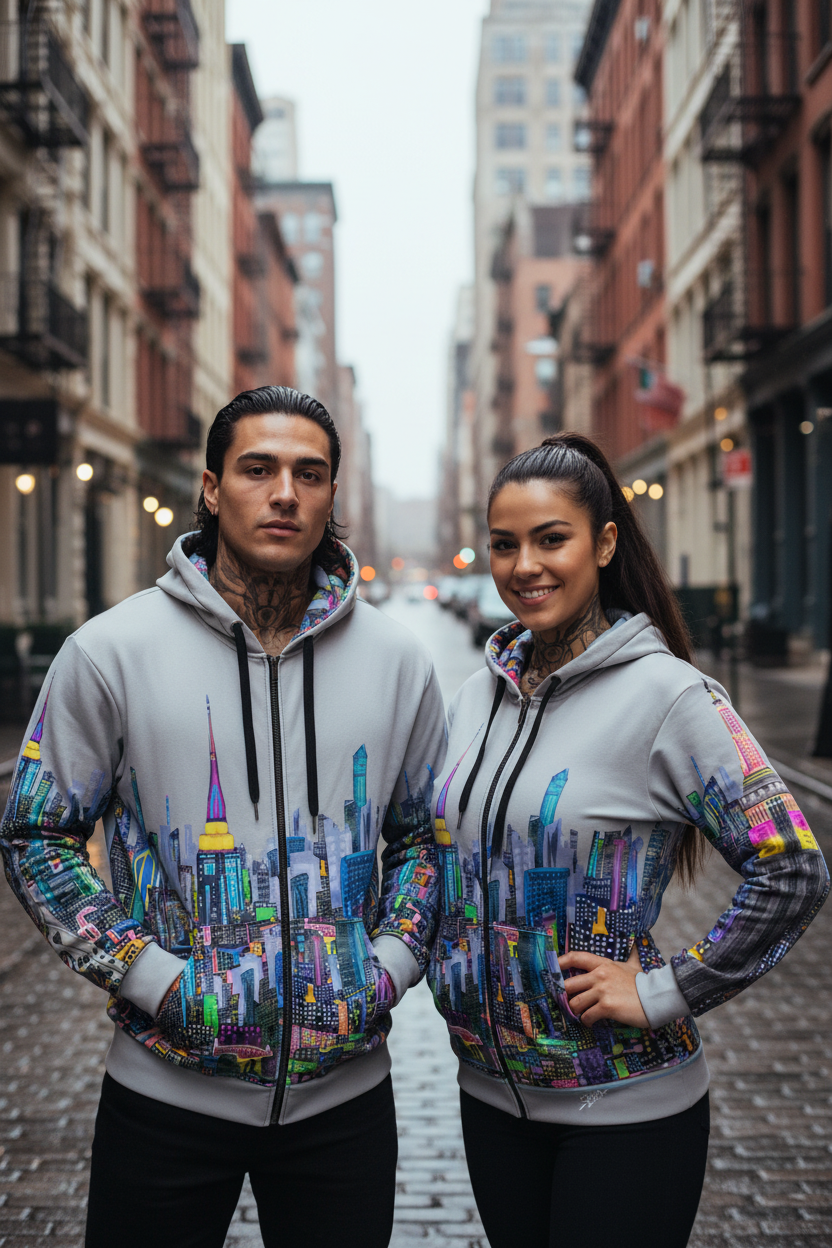 Two people wearing matching hoodies with a cityscape Loria NYC Art design on a city street.