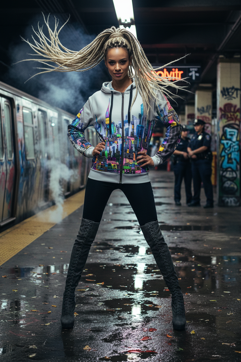 Person in a colorful Loria NYC Art hoodie and knee-high boots standing on a subway platform with graffiti and police officers in the background.