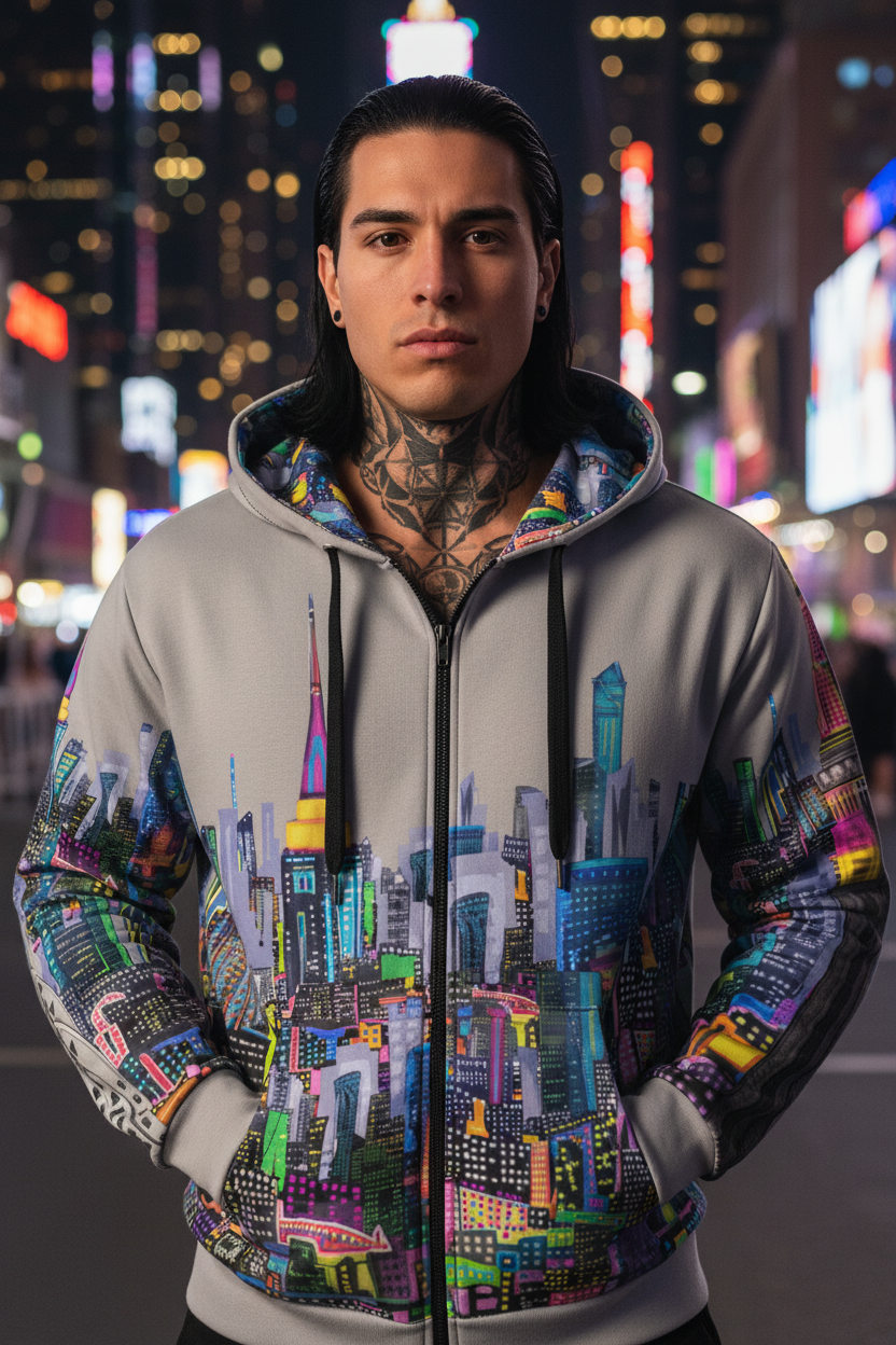 Man wearing a colorful cityscape Loria NYC Art hoodie with a blurred city night background
