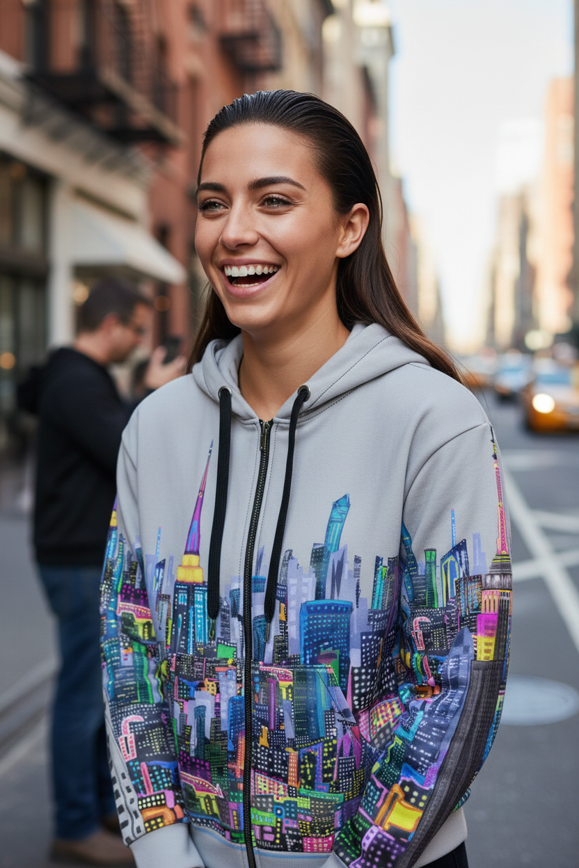 Woman wearing a hoodie with a Loria NYC Art colorful cityscape design on a city street.