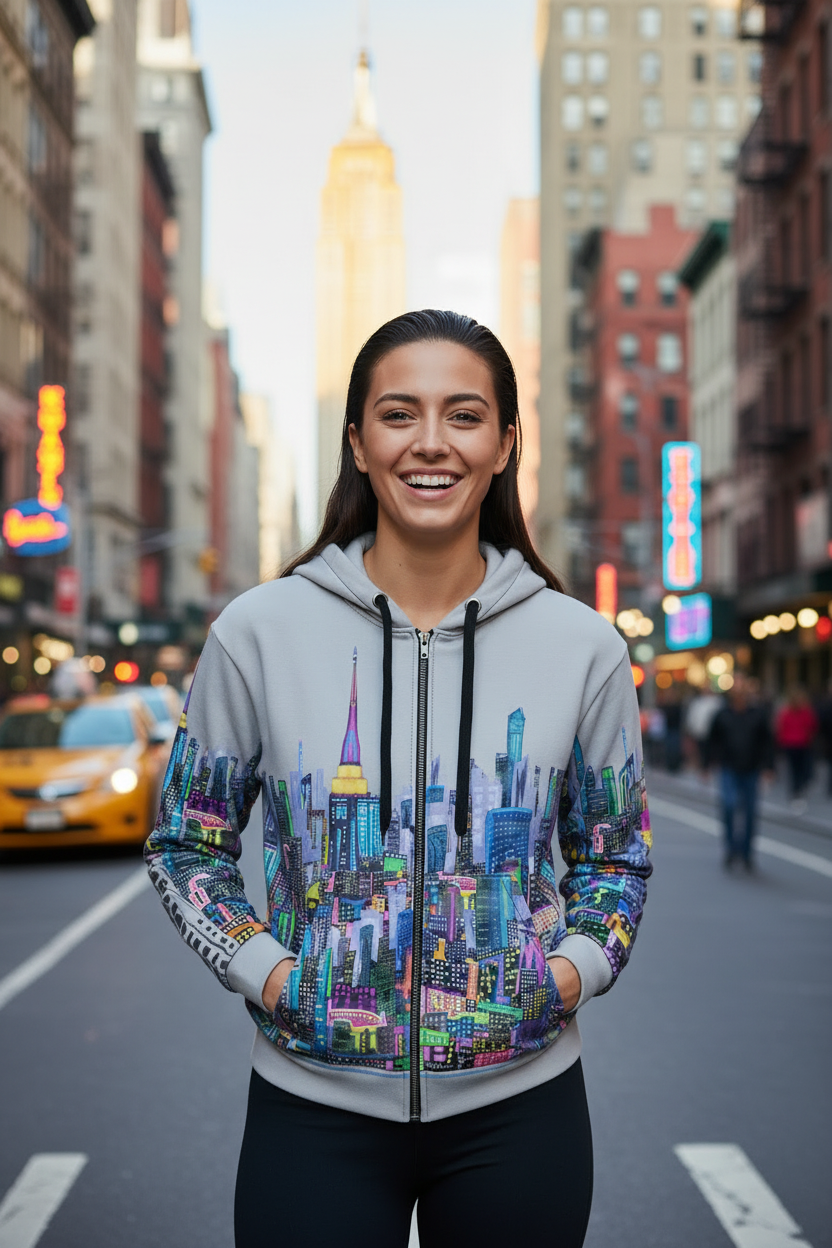Person wearing a colorful Loria NYC Art cityscape hoodie on a busy street