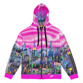 Hoodie with cityscape Loria NYC Art design and pink accents on a white background