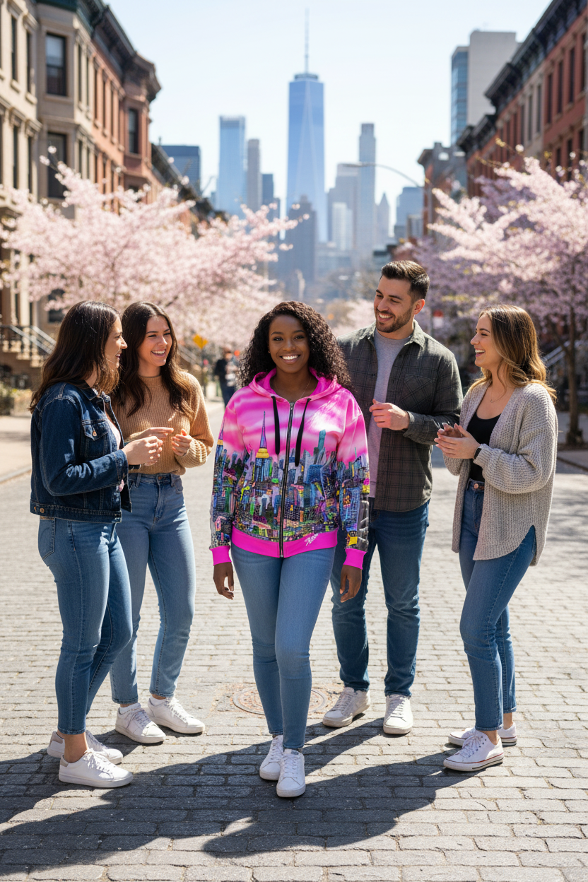 Girl wearing Loria NYC Art zip up hoodie in NYC with friends.