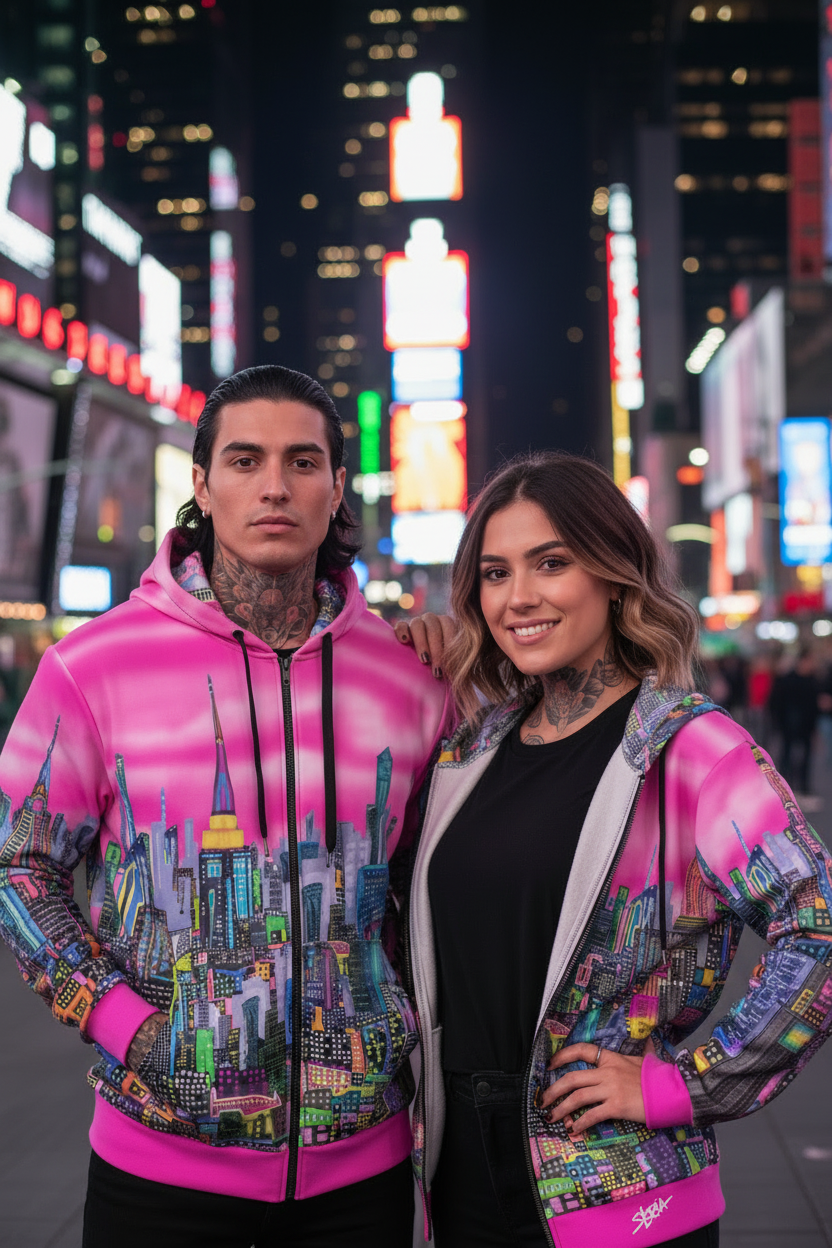 Two people wearing colorful cityscape Loria NYC Art hoodies in a neon-lit urban setting