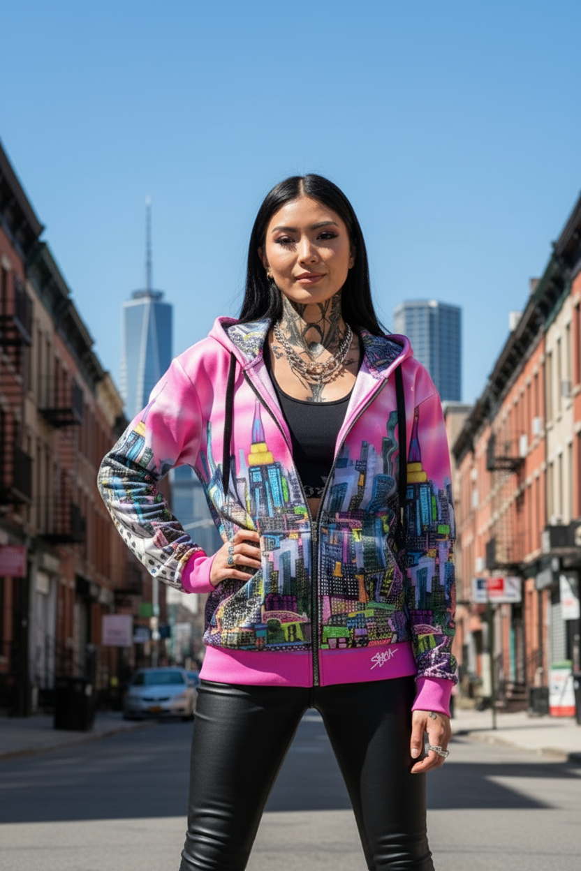 Person wearing a colorful Loria NYC Art hoodie with a cityscape design on a street.