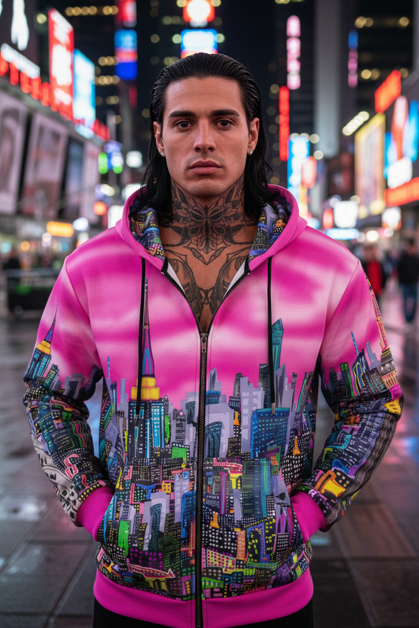 Person wearing a vibrant hoodie with cityscape Loria NYC Art design in a neon-lit urban setting