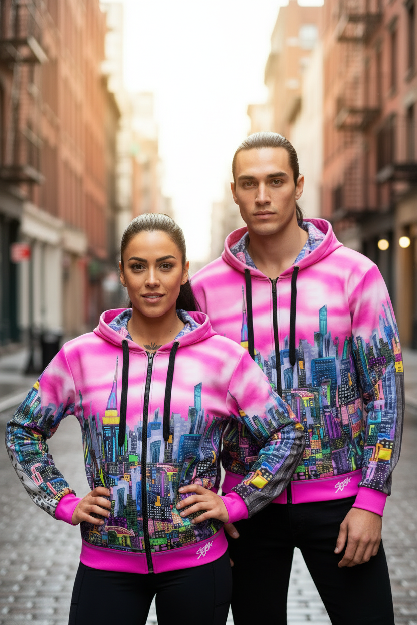 Two people wearing pink and colorful cityscape Loria NYC Art hoodies on a city street.