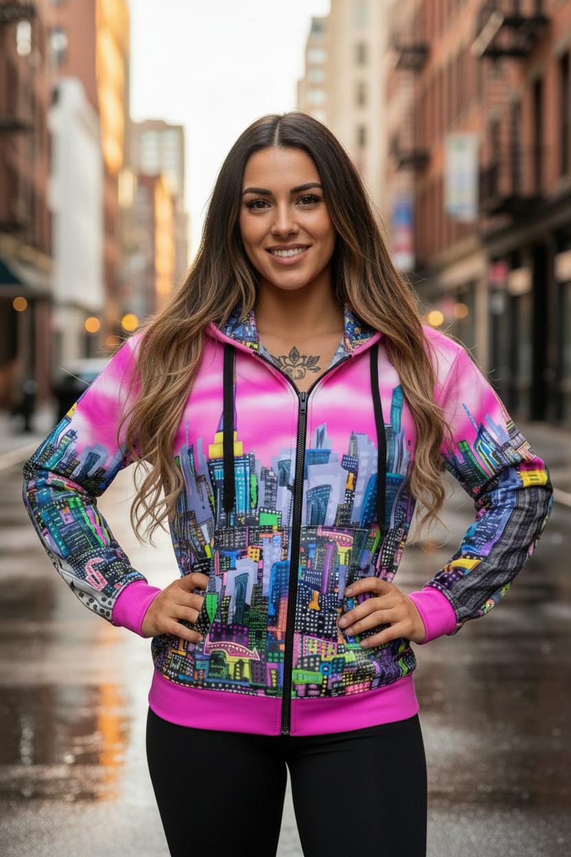 Woman wearing a colorful Loria NYC Art cityscape hoodie on a city street.