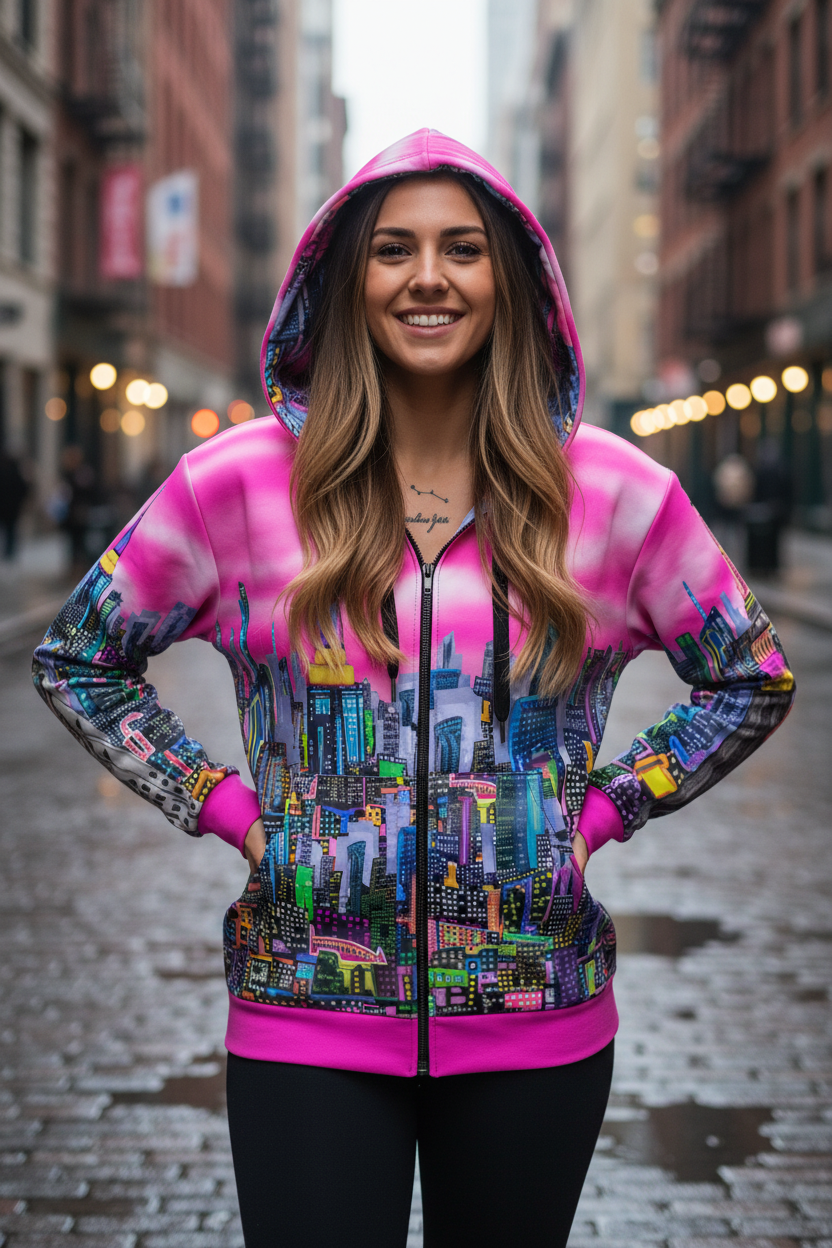 Woman wearing a colorful Loria NYC Art hoodie with a cityscape design on a city street.