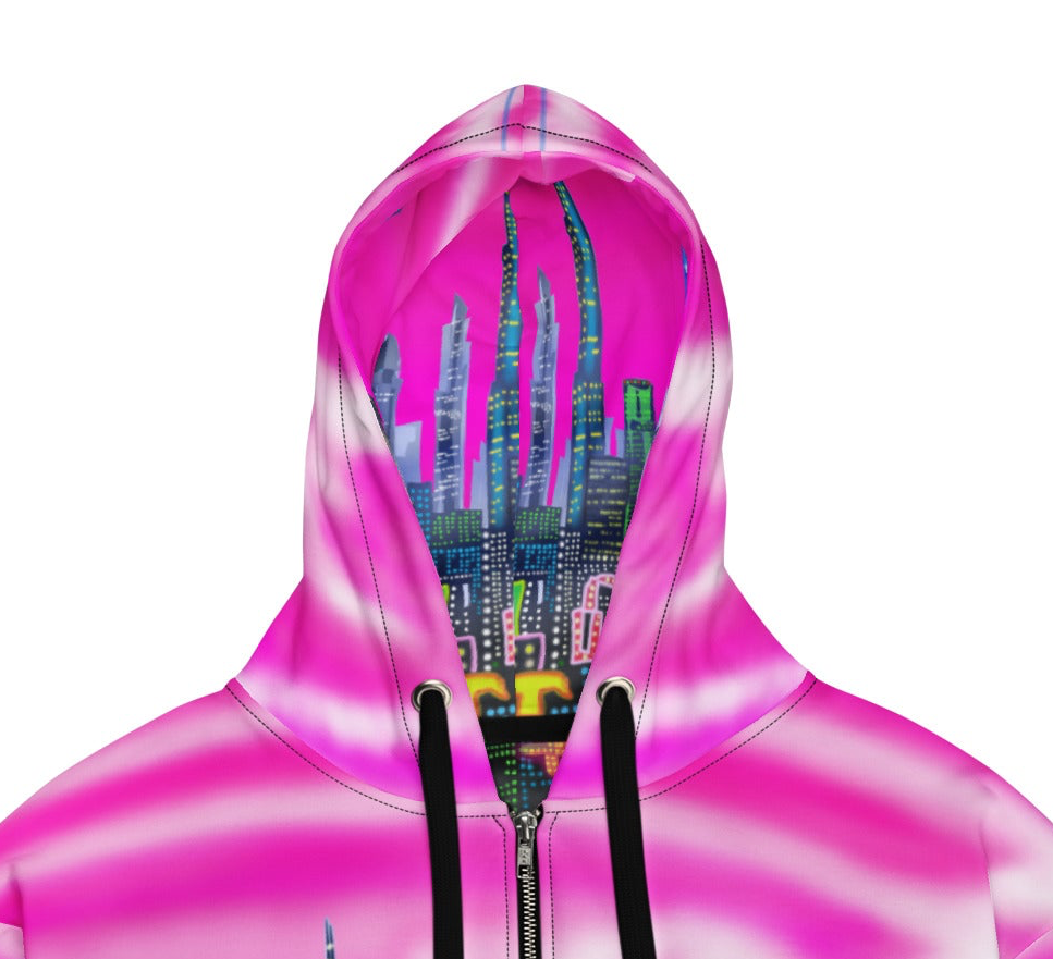 Pink hooded jacket with cityscape Loria NYC Art design on a white background