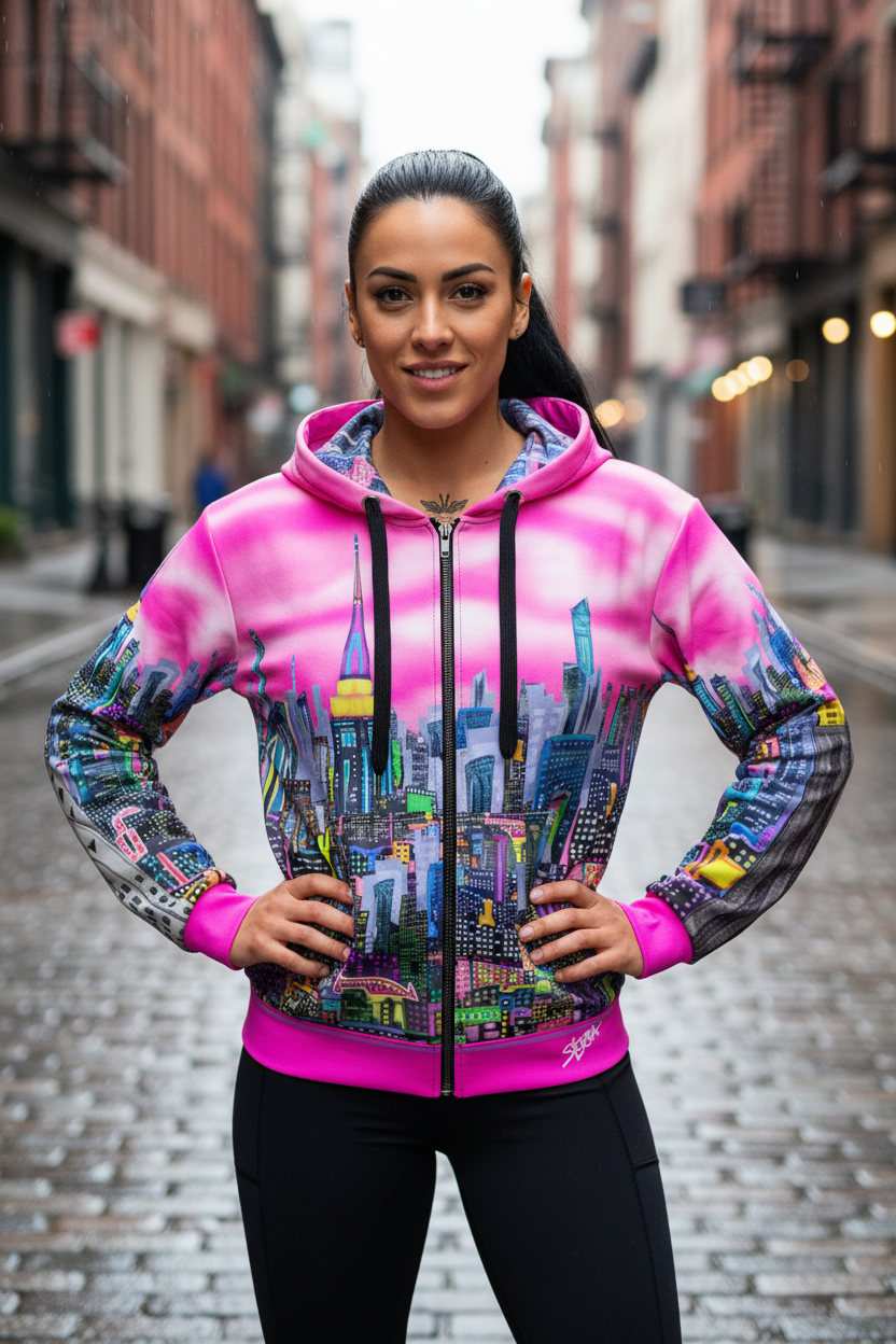 Woman wearing a colorful Loria NYC Art cityscape hoodie on a street