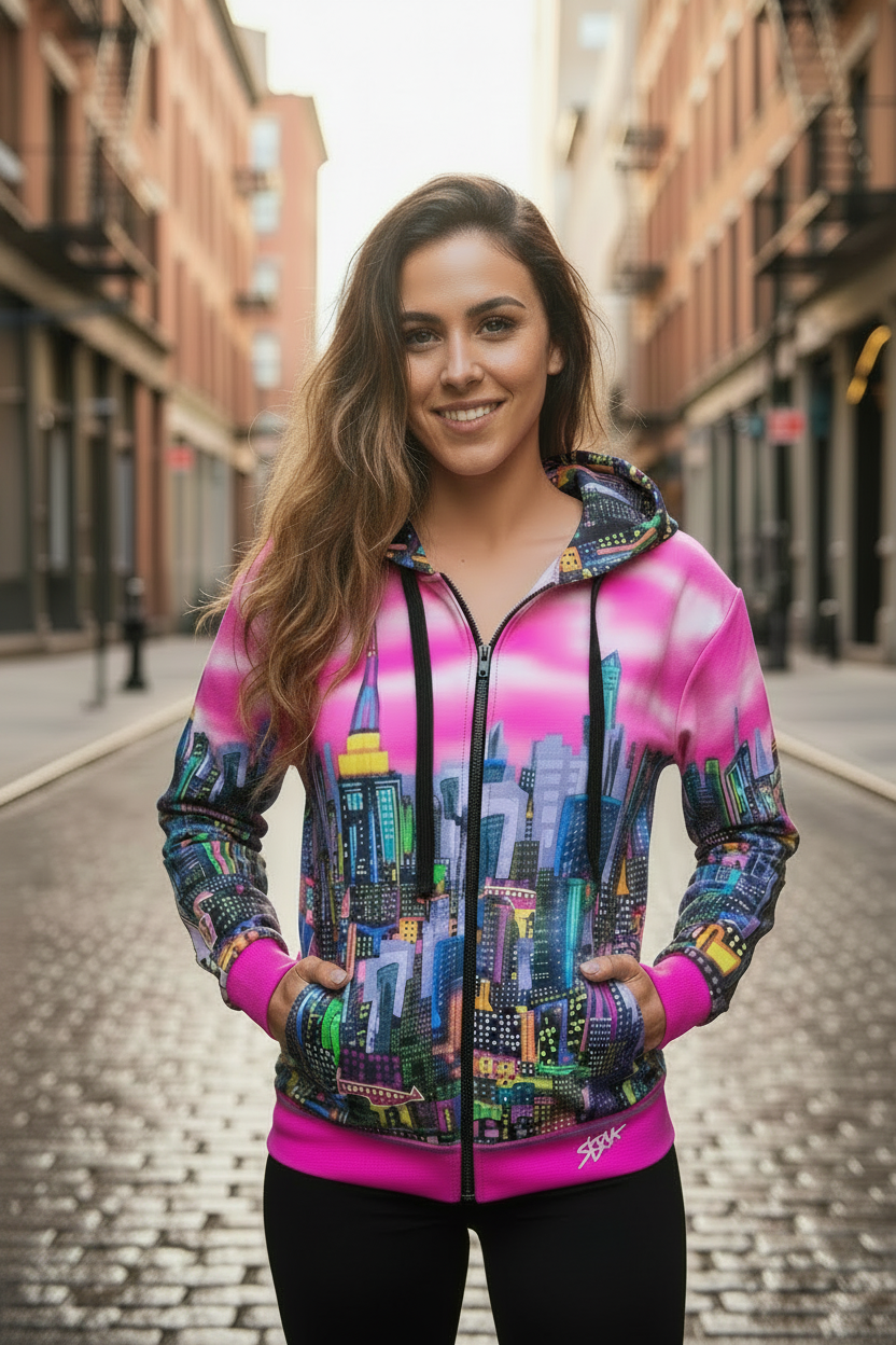 Woman wearing a colorful hoodie with a Loria NYC Art cityscape design on a street.