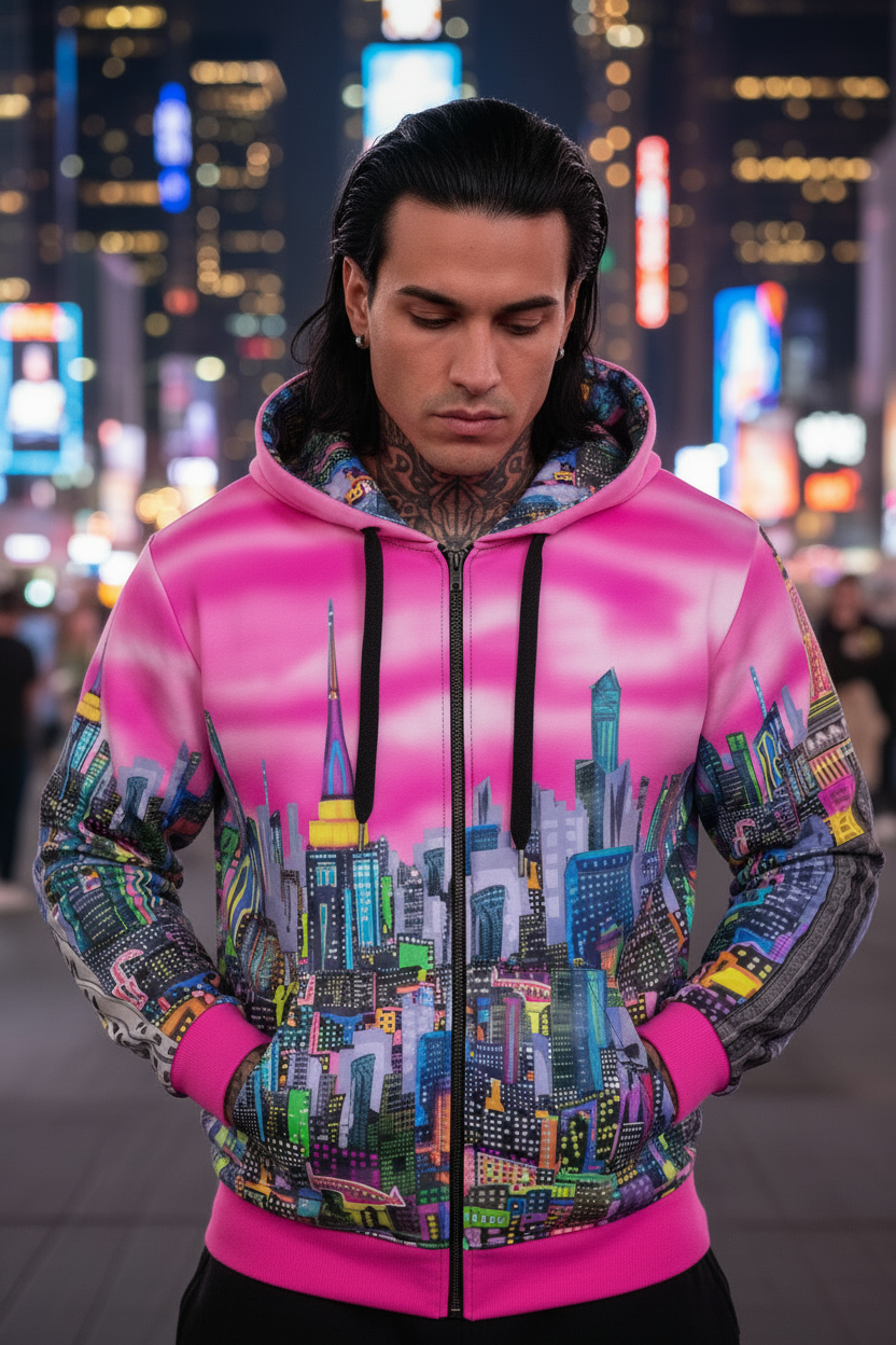 Person wearing a pink Loria NYC Art hoodie with cityscape design against a night cityscape background