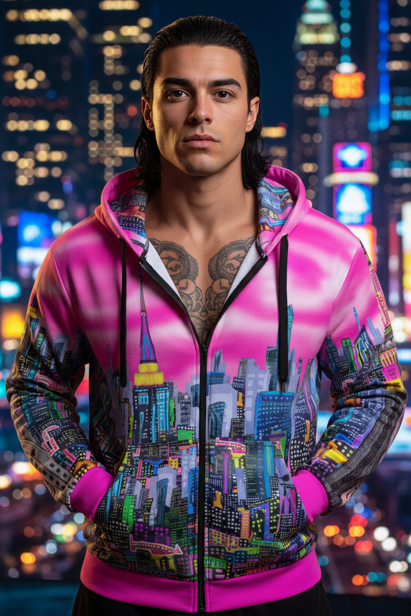 Person wearing a colorful Loria NYC Art cityscape hoodie with a night cityscape background