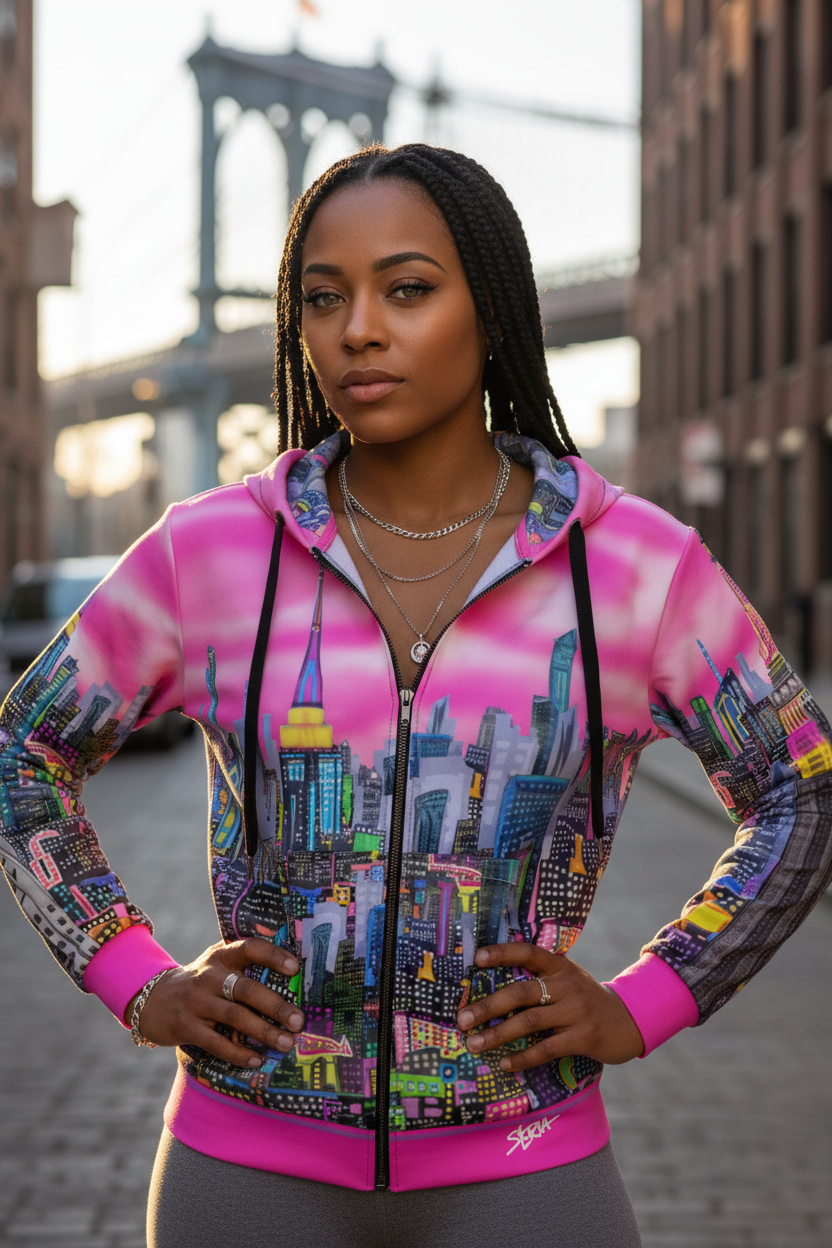 Woman wearing a colorful Loria NYC Art hoodie with a cityscape design in an urban setting