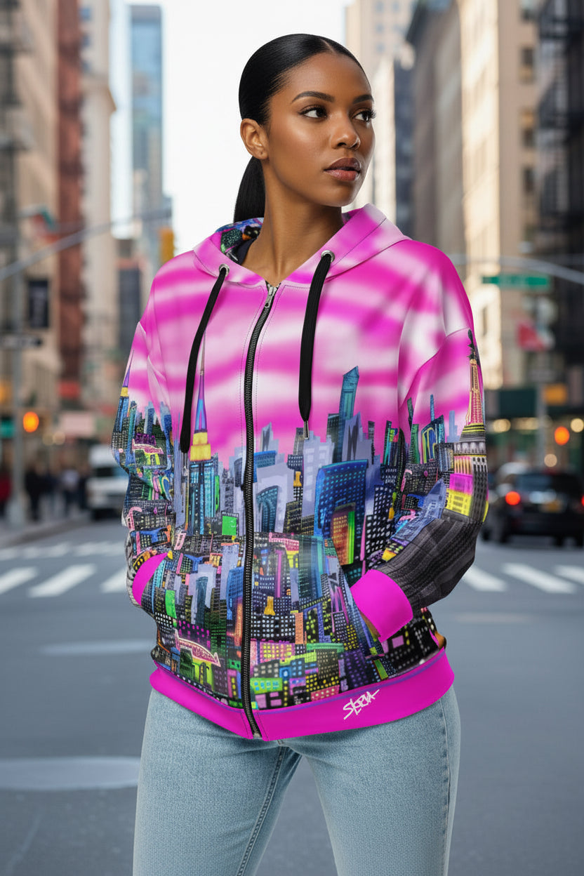 Woman wearing a colorful Loria NYC Art hoodie with a cityscape design on a city street.