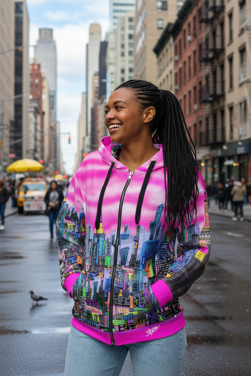 Woman wearing a colorful Loria NYC Art jacket with a cityscape design on a city street.