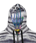 Hoodie with a colorful digital cityscape Loria NYC Art design on a white background