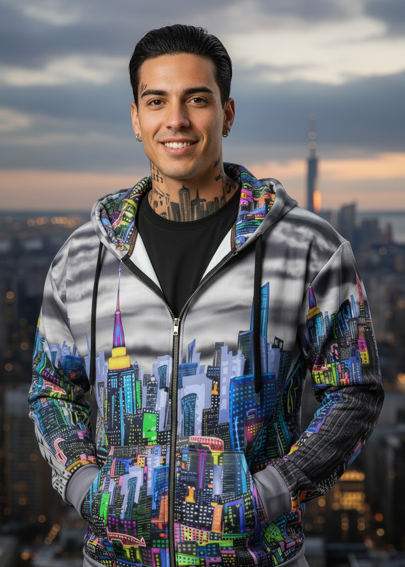 Person wearing a colorful cityscape Loria NYC Art hoodie with a city skyline in the background