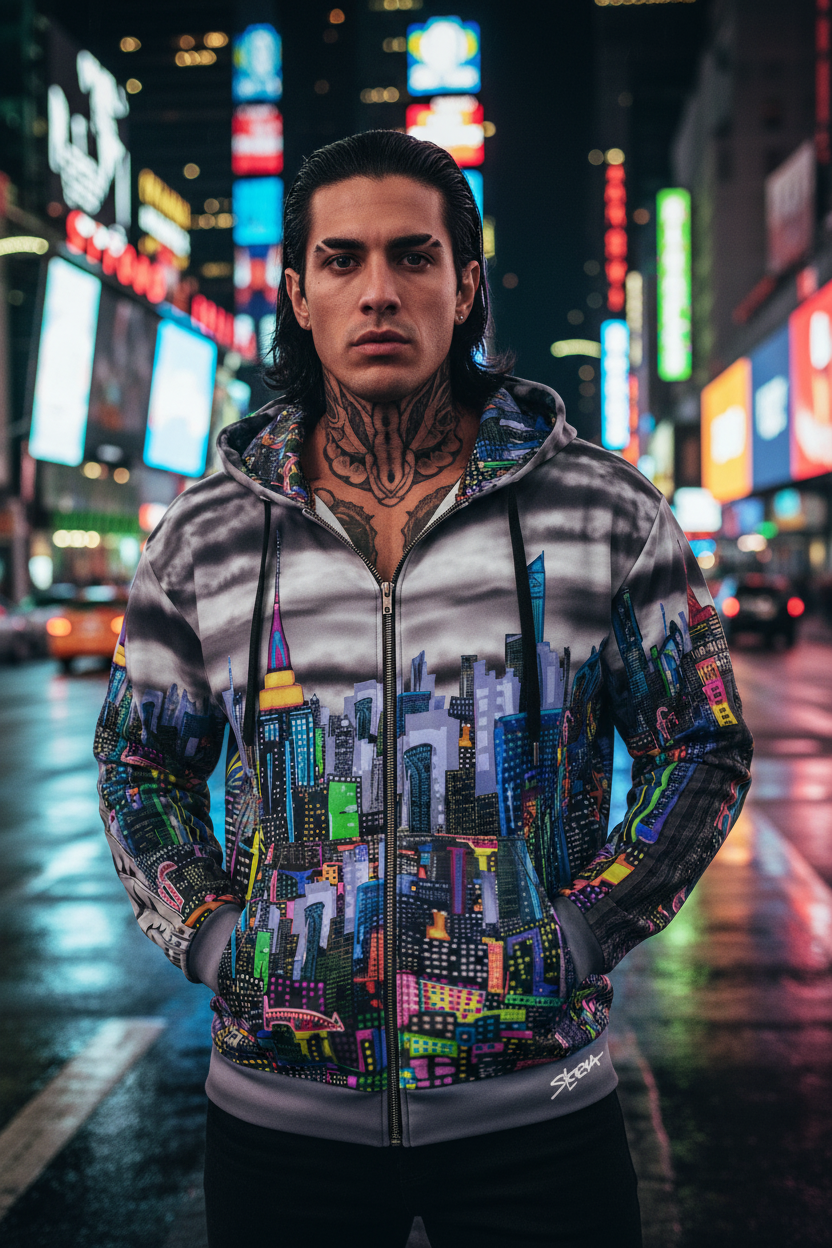Person wearing a colorful hoodie with a cityscape Loria NYC Art design on a neon-lit street.