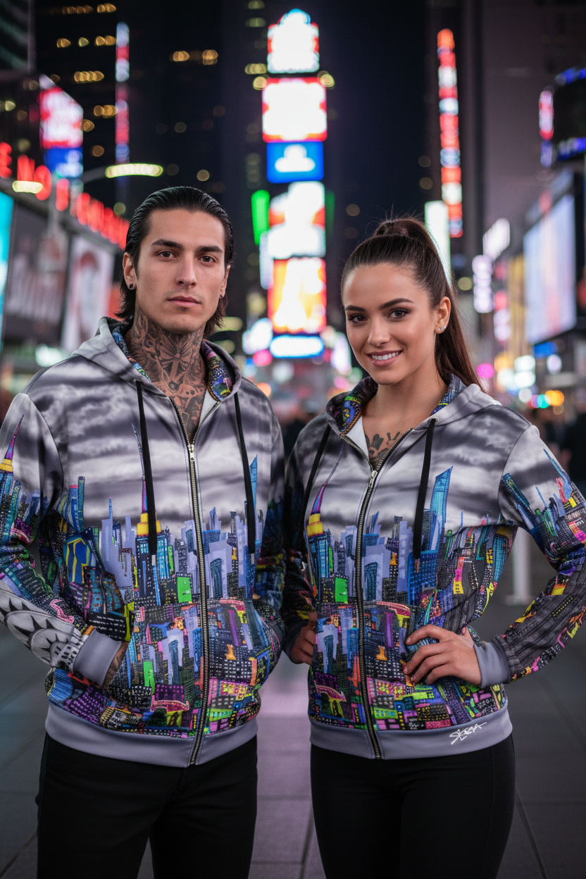 Two people wearing matching hoodies with a cityscape Loria NYC Art design in a neon-lit urban setting.