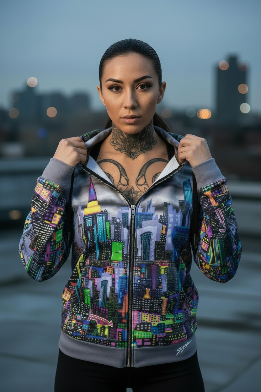 Woman wearing a colorful Loria NYC Art cityscape hoodie with a blurred cityscape background