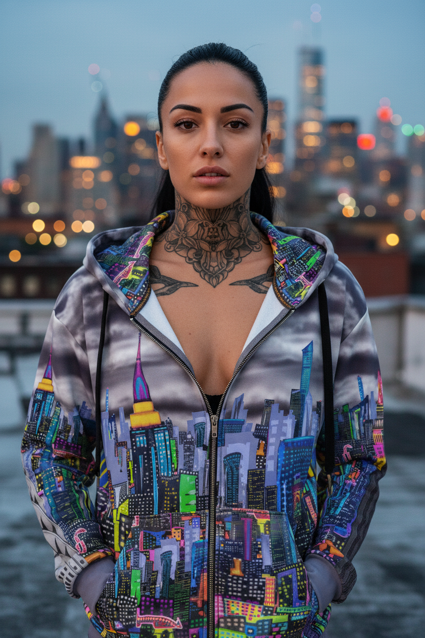 Woman wearing a colorful Loria NYC Art hoodie with a cityscape design, standing against an urban skyline.