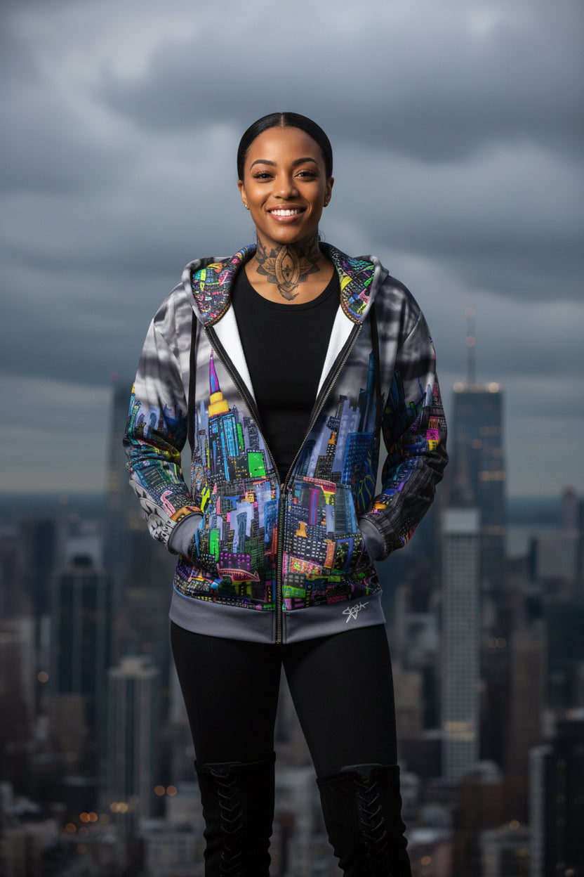 Person wearing a colorful Loria NYC Art jacket with a cityscape design, standing against a backdrop of a city skyline.