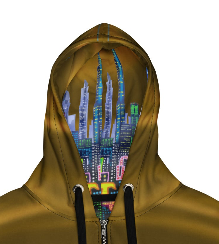 Green hoodie with a Loria NYC Art cityscape design on the hood against a white background