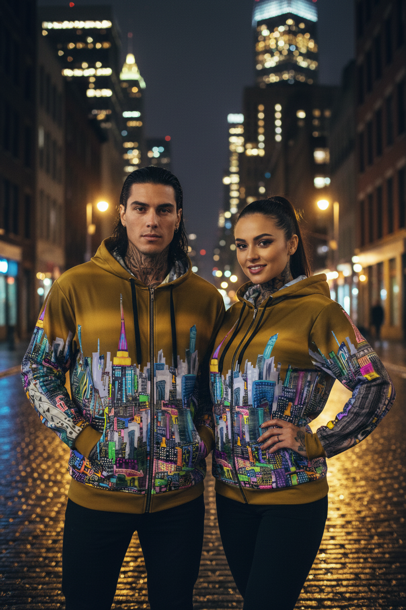 Two people wearing matching hoodies with a cityscape Loria NYC Art design on a city street at night.