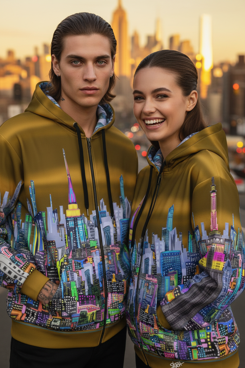 Two people wearing matching Loria NYC Art hoodies with a cityscape design in an urban setting.