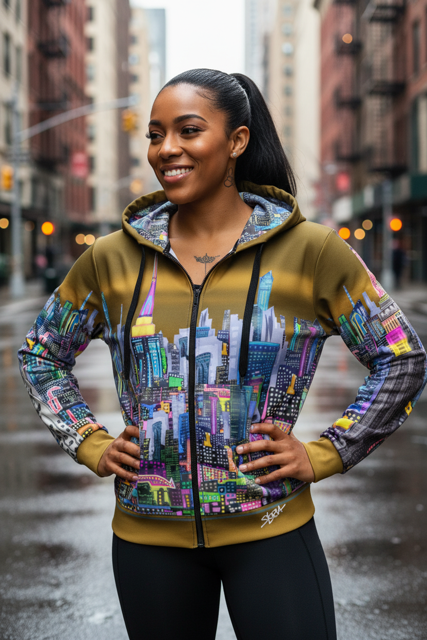 Woman wearing a colorful Loria NYC Art cityscape hoodie on a city street
