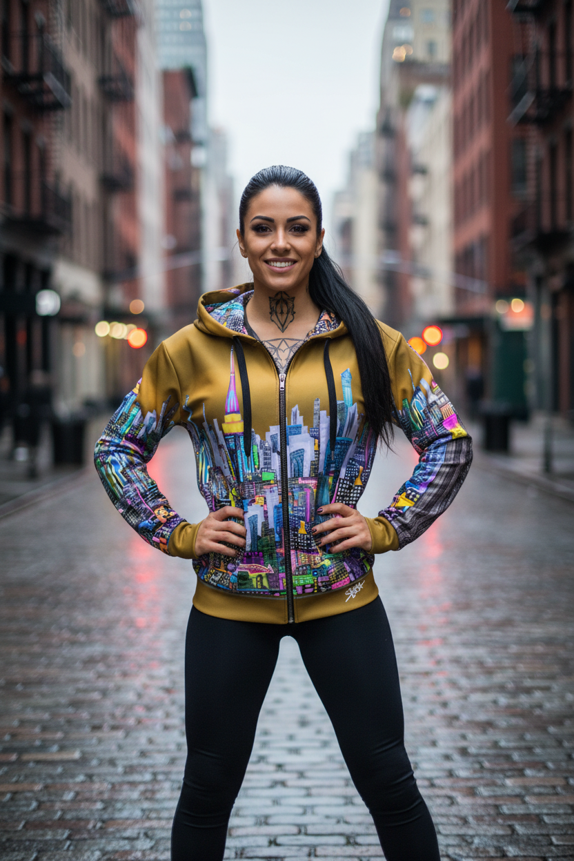 Woman wearing a colorful Loria NYC Art jacket with a cityscape design on a city street