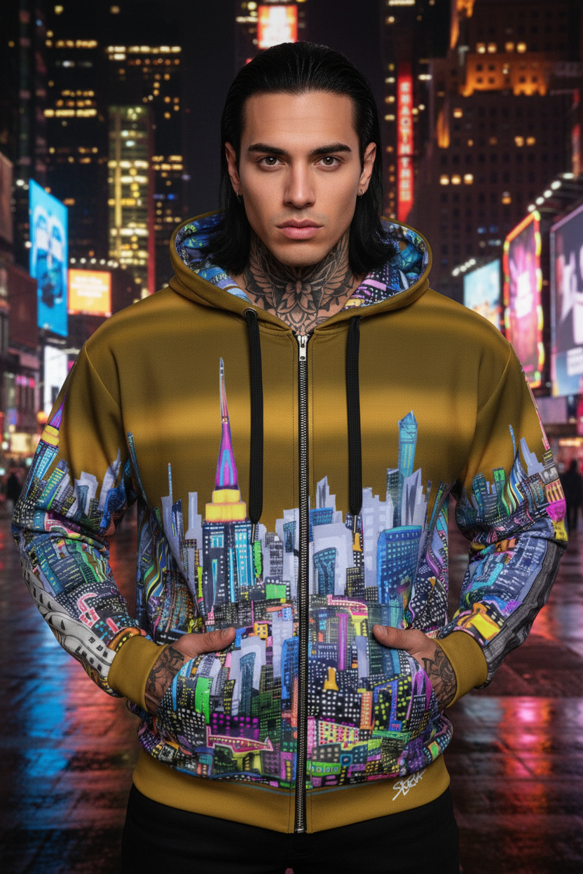 Person wearing a hoodie with a colorful cityscape Loria NYC Art design in a neon-lit urban setting