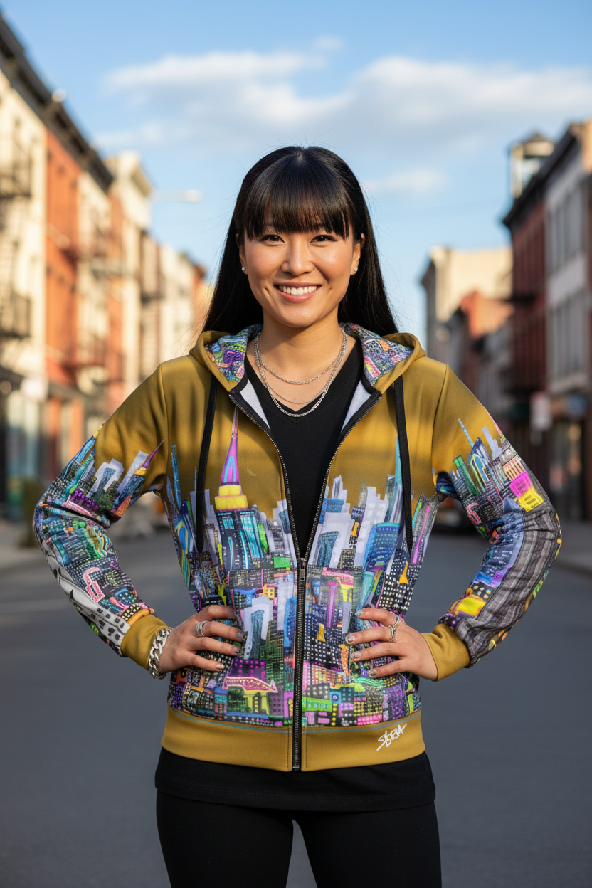 Woman wearing a colorful hoodie with cityscape Loria NYC Art design on a street background
