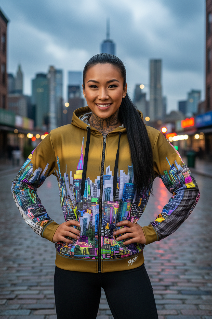 Person wearing a colorful Loria NYC Art jacket with a cityscape design in an urban setting