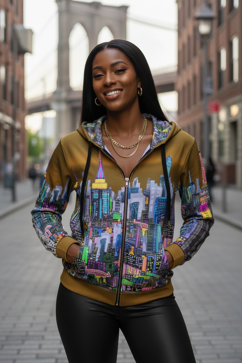 Woman wearing a colorful Loria NYC Art cityscape hoodie and black pants on a city street.