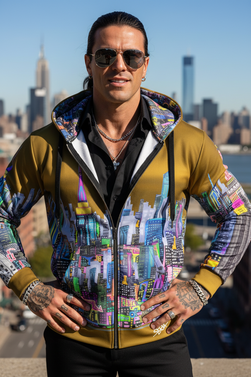 Man wearing a Loria NYC Art colorful cityscape hoodie with a skyline in the background