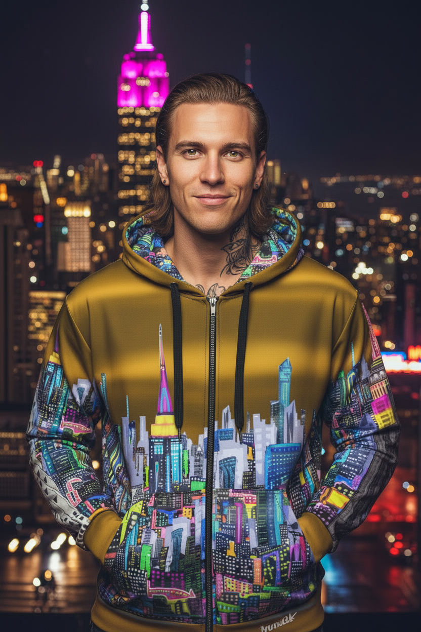 Person wearing a colorful hoodie with cityscape Loria NYC Art design against a night-time city skyline.