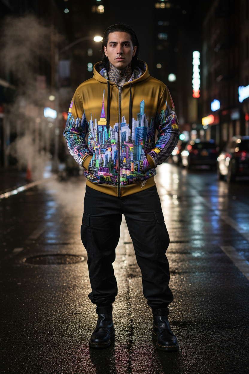 Person wearing a colorful Loria NYC Art cityscape hoodie on a wet street at night.