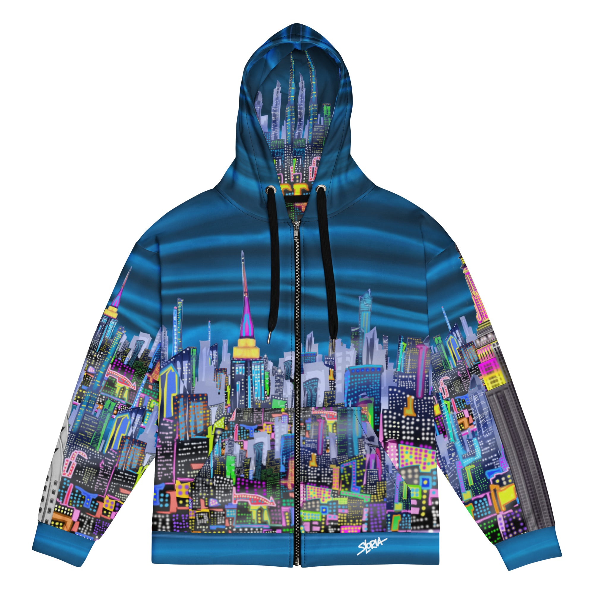 Blue Hoodie with cityscape design by Loria NYC Art on a white background