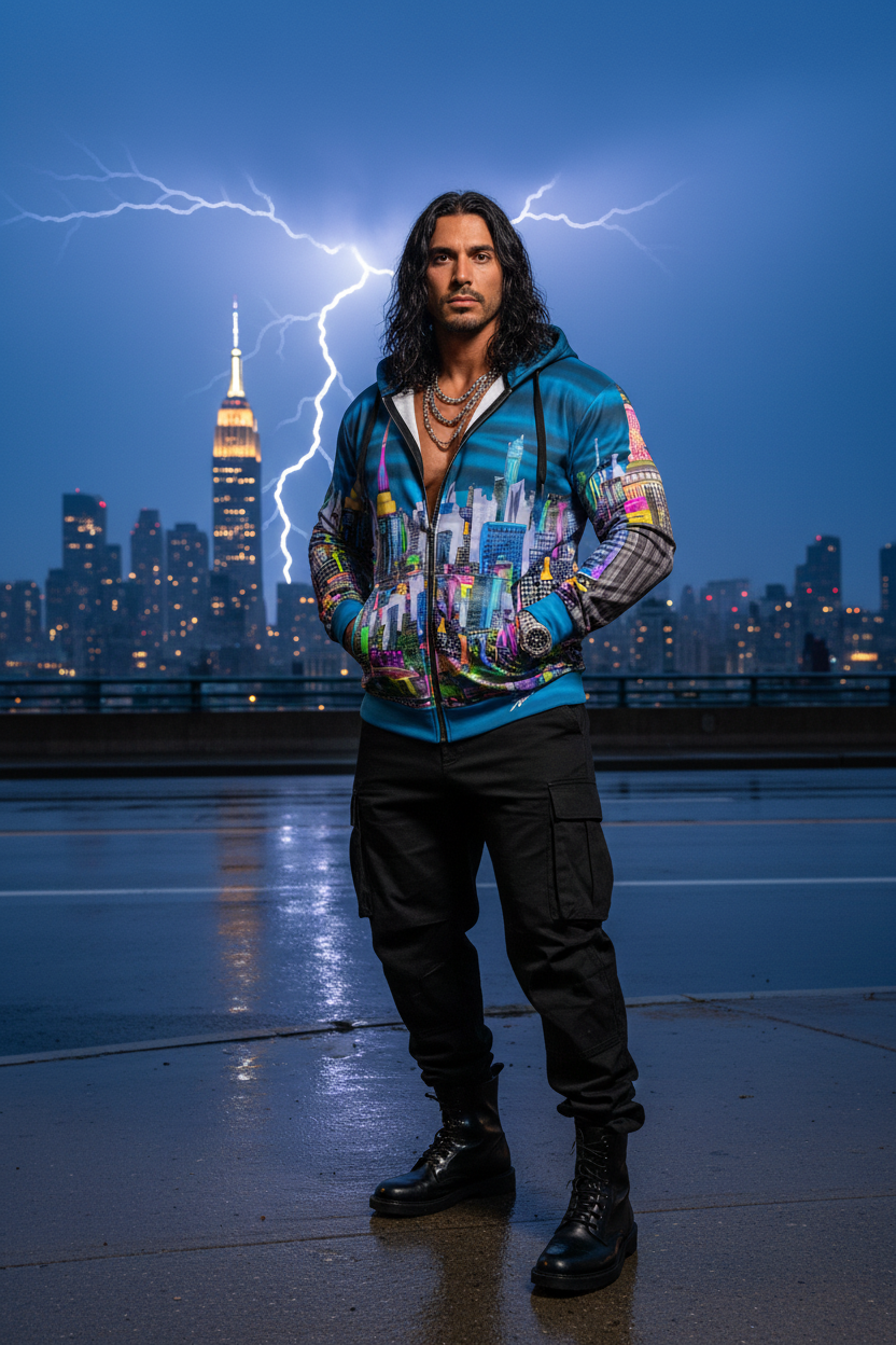 Person wearing a colorful hoodie with a cityscape designed by Loria NYC Art standing on a rooftop with lightning and a city skyline in the background.