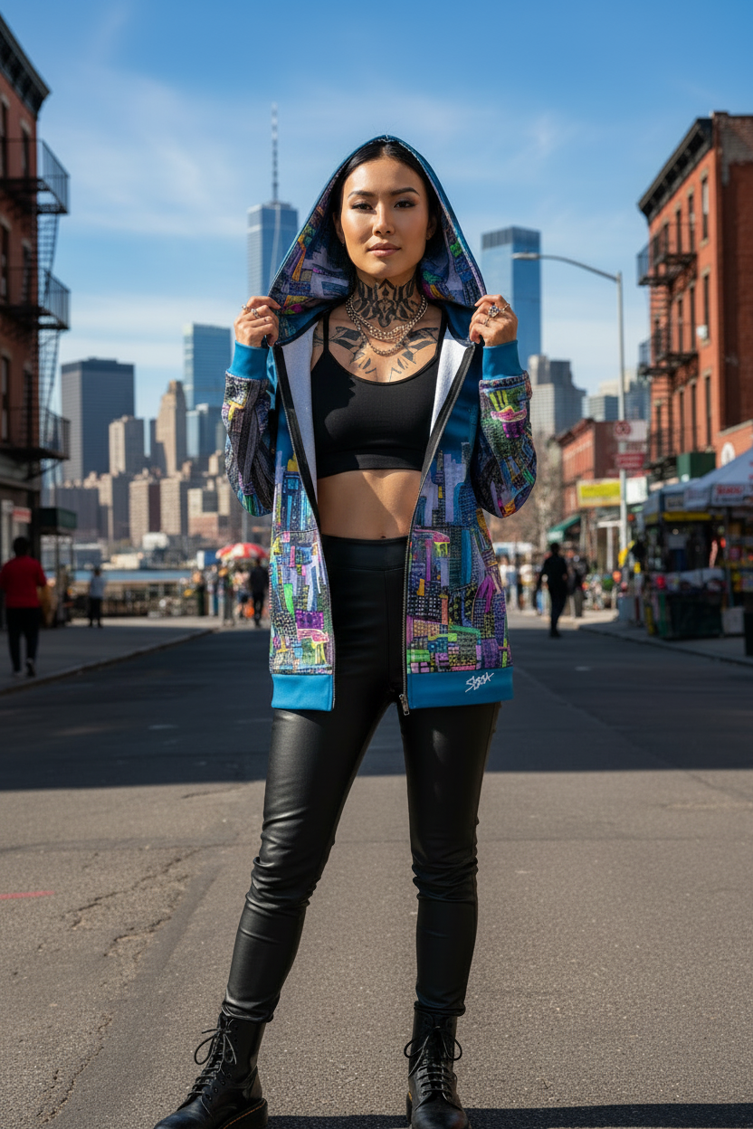 Person wearing a colorful hoodie with a cityscape Loria NYC Art design, standing on a street with tall buildings in the background.