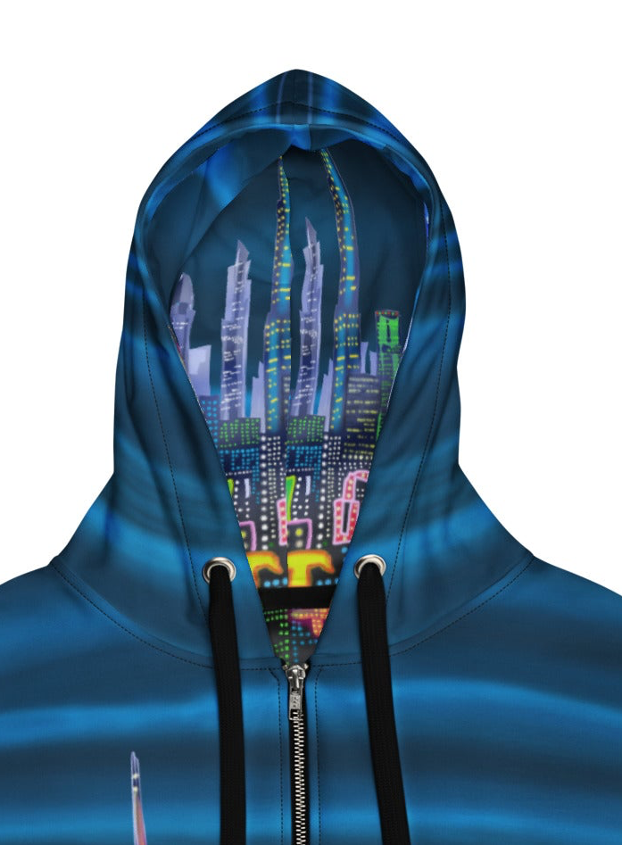 Blue hoodie with a Loria NYC Art cityscape design on a white background