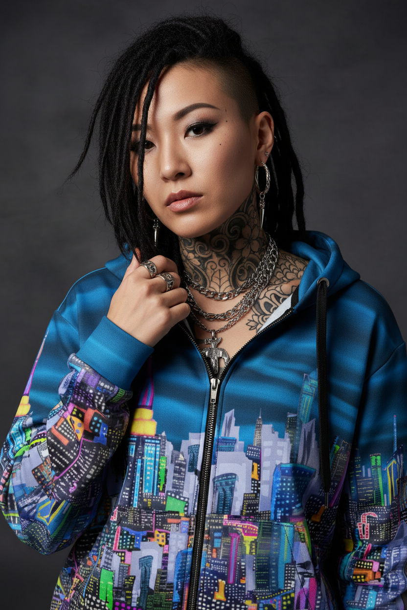Person wearing a blue jacket with a colorful cityscape Loria NYC Art design on a dark background