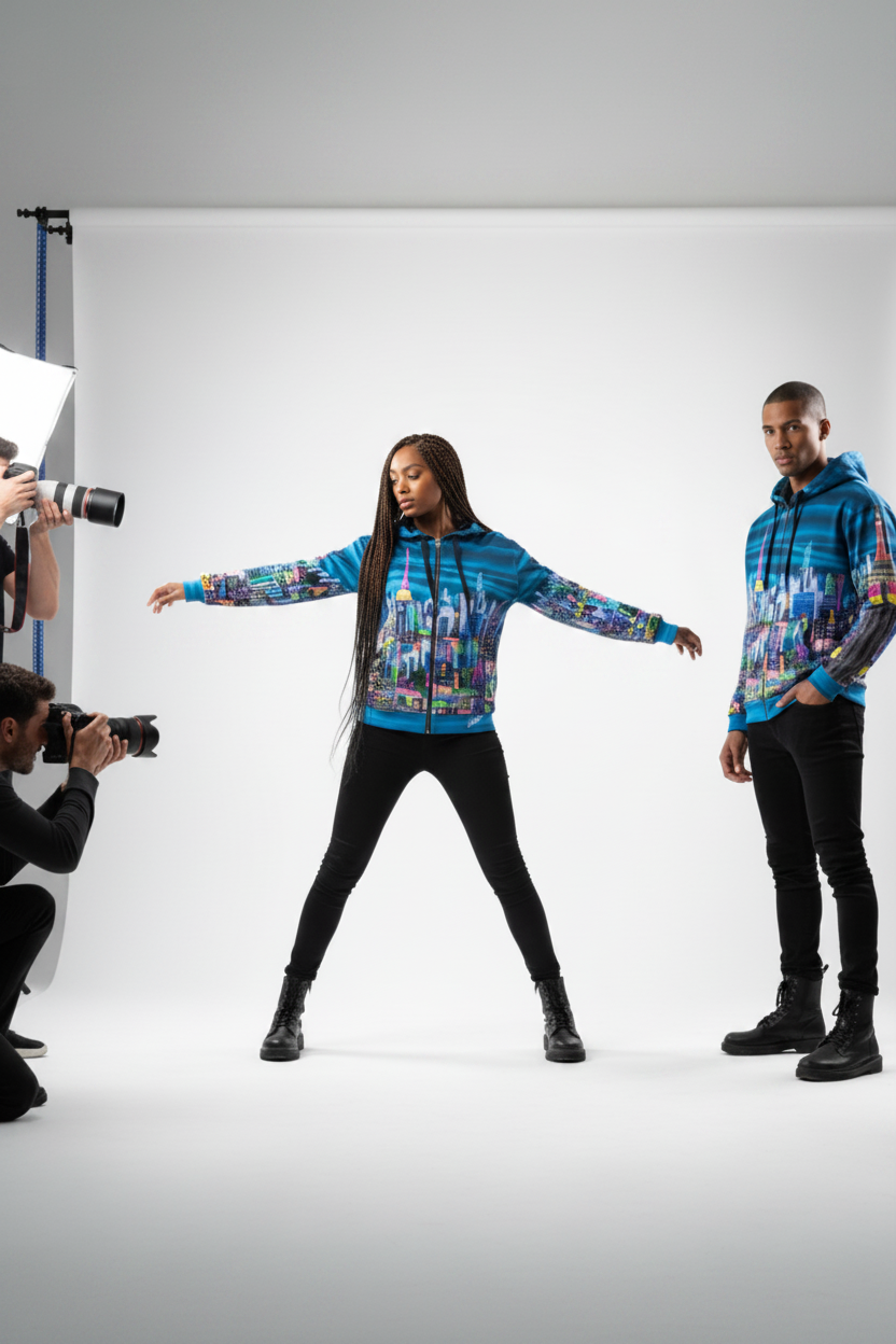 Model posing in a photo studio with photographers and lighting equipment wearing blue city skyline art hoodies designed by Loria NYC Art