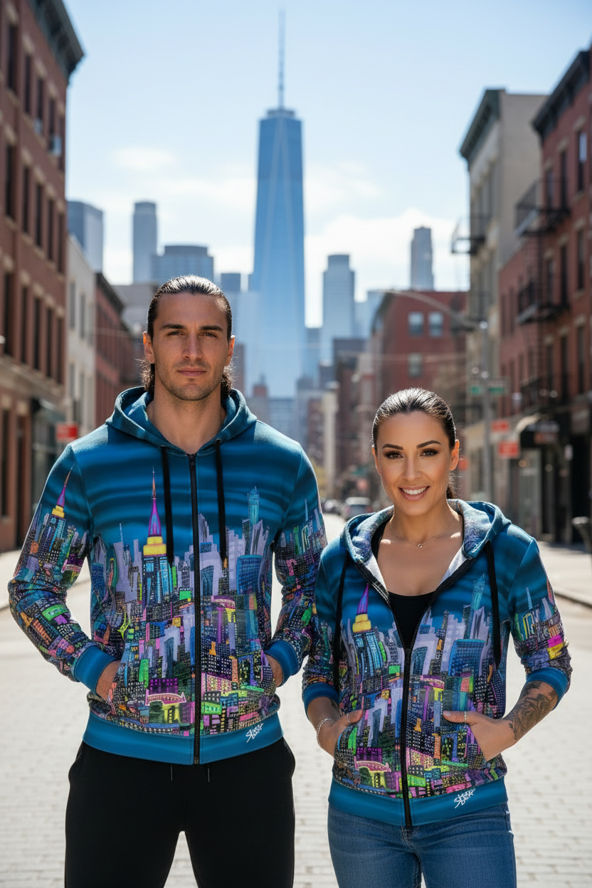Two people wearing colorful hoodies with a cityscape Loria NYC Art design on a street with a skyline in the background.